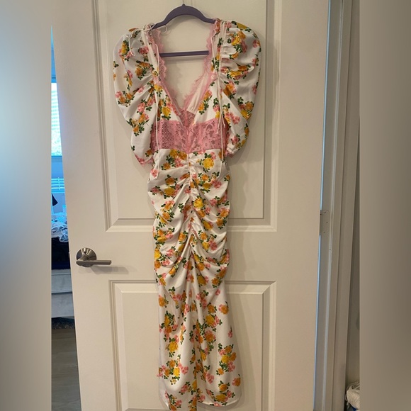 Women’s Xs Floral Dress For Love and Lemons Emma Midi Dress Silk w pink lace - Picture 7 of 8